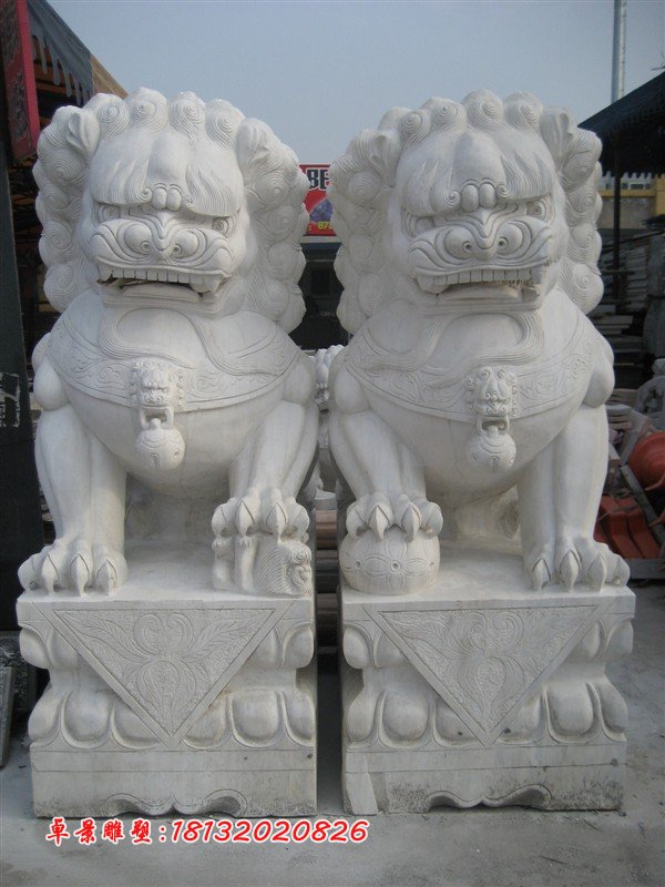 白色石头狮子雕塑，白色石狮子 (2)