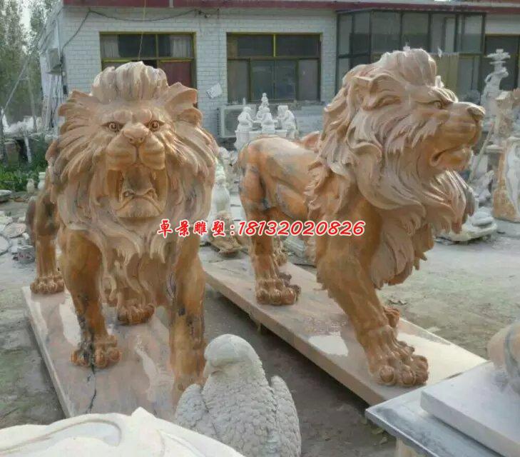 西洋狮石雕，晚霞红狮子雕塑 (1)