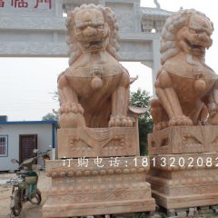北京狮石雕，晚霞红北京狮雕塑