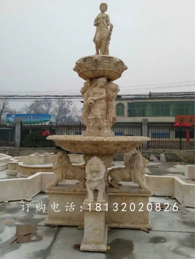 黄锈石喷泉雕塑，组合喷泉石雕