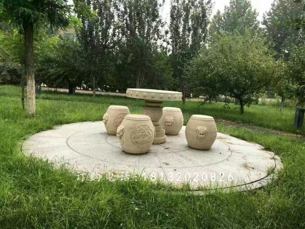 鼓式桌凳石雕，公园石桌凳