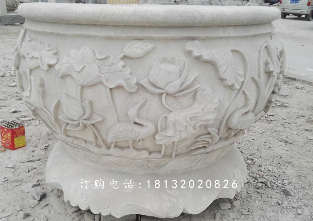 荷花与鸟花盆雕塑，水缸石雕 (2)