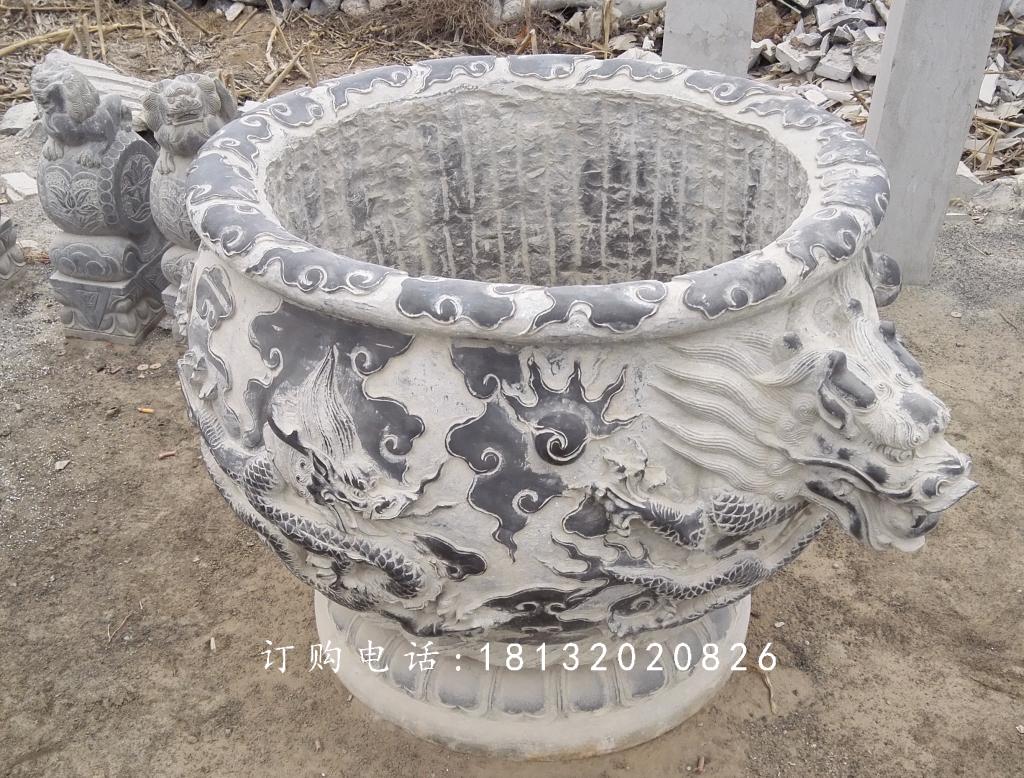 青石水缸，仿古龙浮雕水缸 (1)