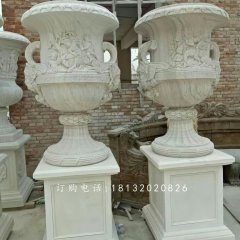 汉白玉花盆石雕，欧式花盆雕塑