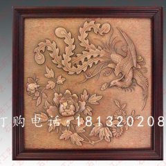 凤凰牡丹壁画图，方形铜浮雕壁画，锻造浮雕壁画