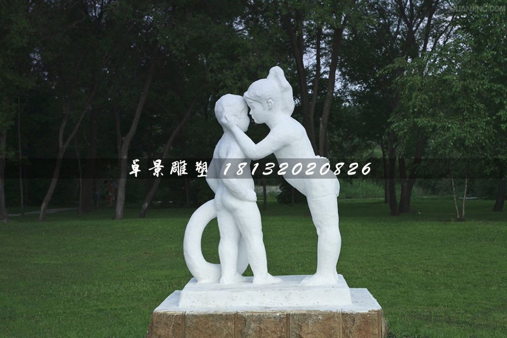 姐弟俩雕塑，汉白玉人物石雕 (2)