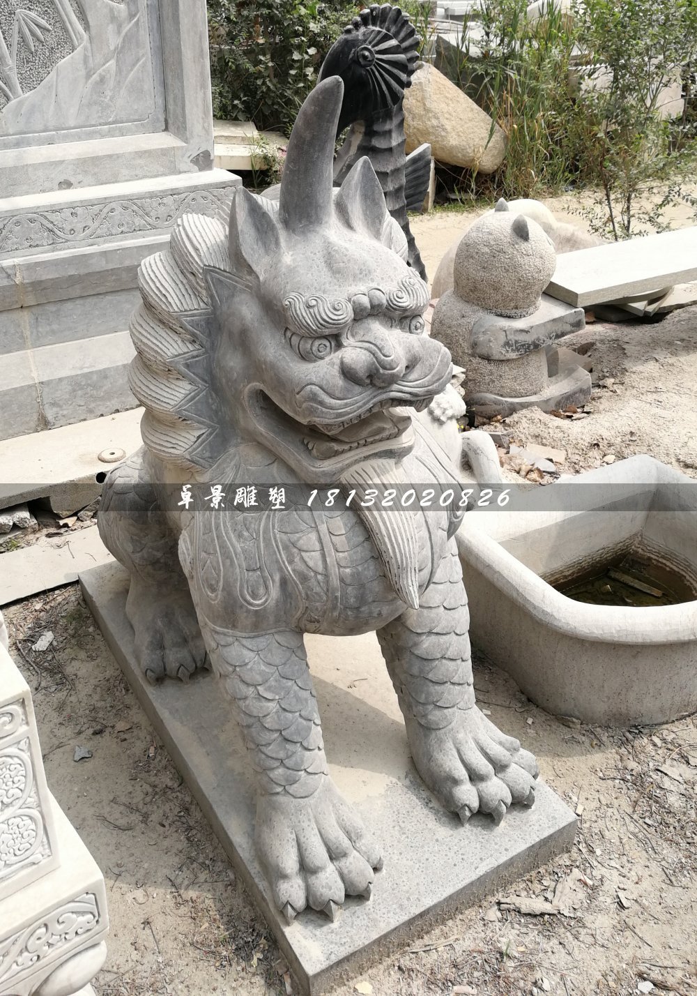 独角兽石雕,青石神兽