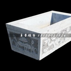 双龙戏珠石浮雕水缸，方形水缸石雕