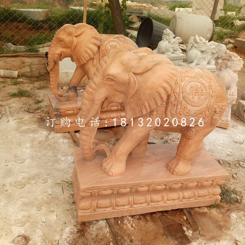晚霞红大象，动物石雕 (2)