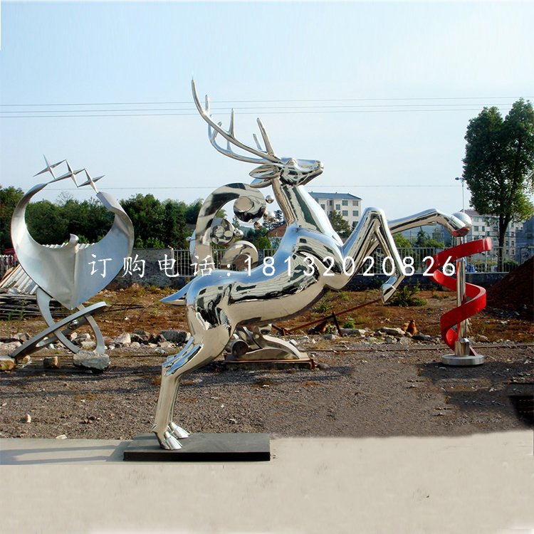 驯鹿雕塑，不锈钢动物雕塑