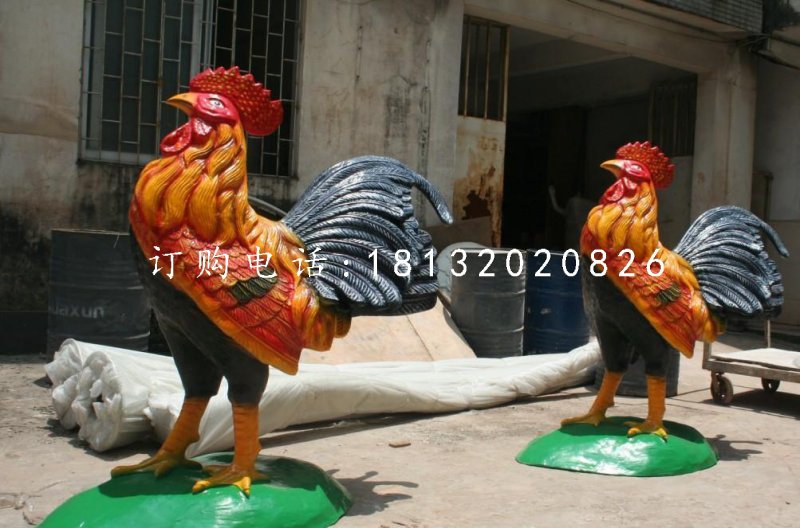 彩绘公鸡雕塑，玻璃钢动物雕塑