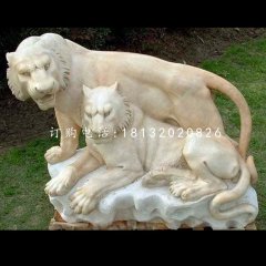 母子虎石雕，晚霞红动物雕塑