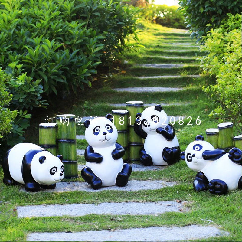 吃竹子的熊猫雕塑，玻璃钢仿真动物雕塑