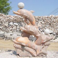 海豚戏球石雕 晚霞红动物石雕