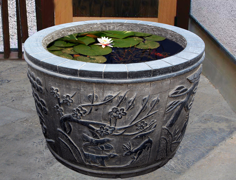 梅花喜鹊石浮雕鱼缸，庭院摆件石雕