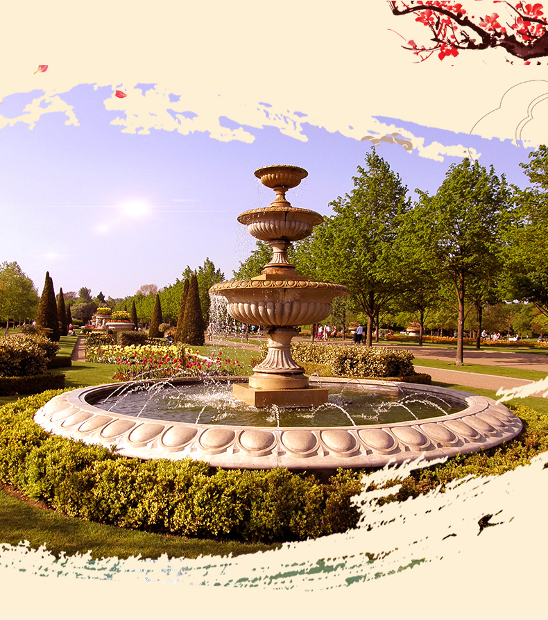 晚霞红喷泉，花园景观石雕