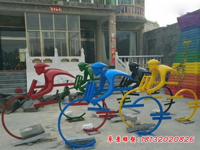 不锈钢抽象骑单车的人物雕塑，公园景观摆件