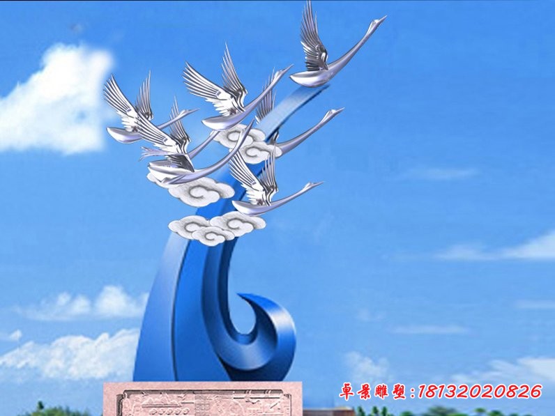 不锈钢抽象仙鹤雕塑，不锈钢飞翔雕塑 (1)
