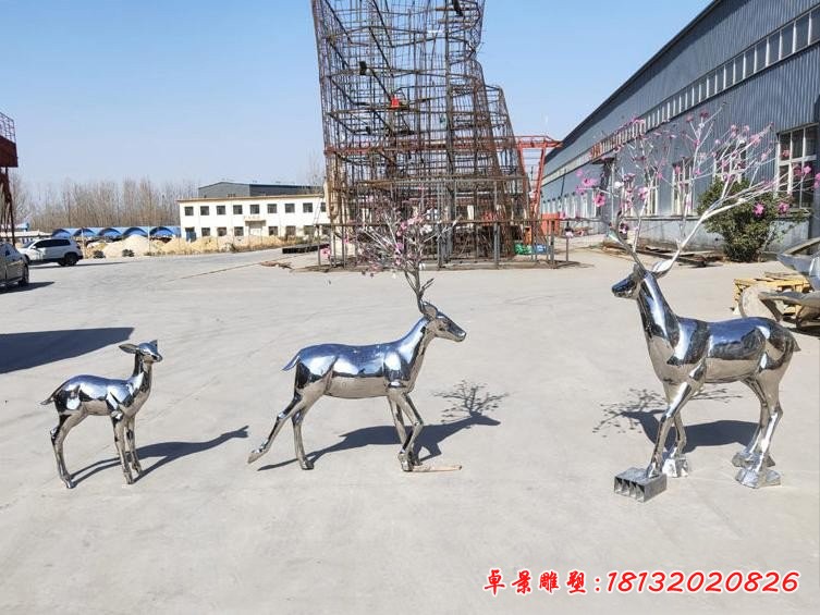 不锈钢奔跑的小鹿公园抽象动物雕塑 (2)