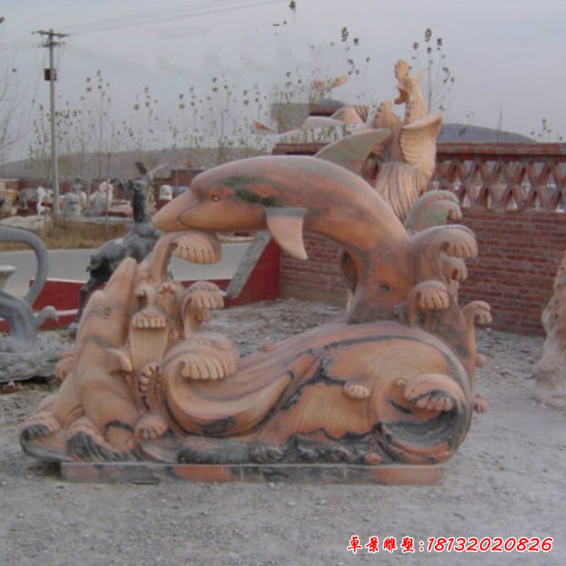 海豚石雕，晚霞红海豚雕塑