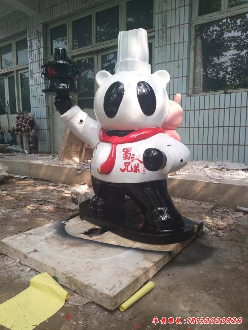玻璃钢卡通熊猫厨师雕塑