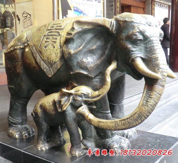 门口母子大象铜雕