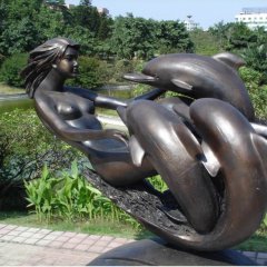 公园景观铜雕，美女与海豚铜雕