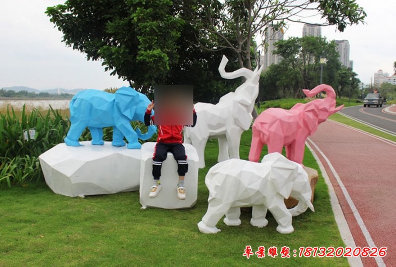 玻璃钢粉红小象雕塑，玻璃钢抽象动物雕塑