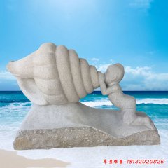 海边景观吹海螺的儿童石雕