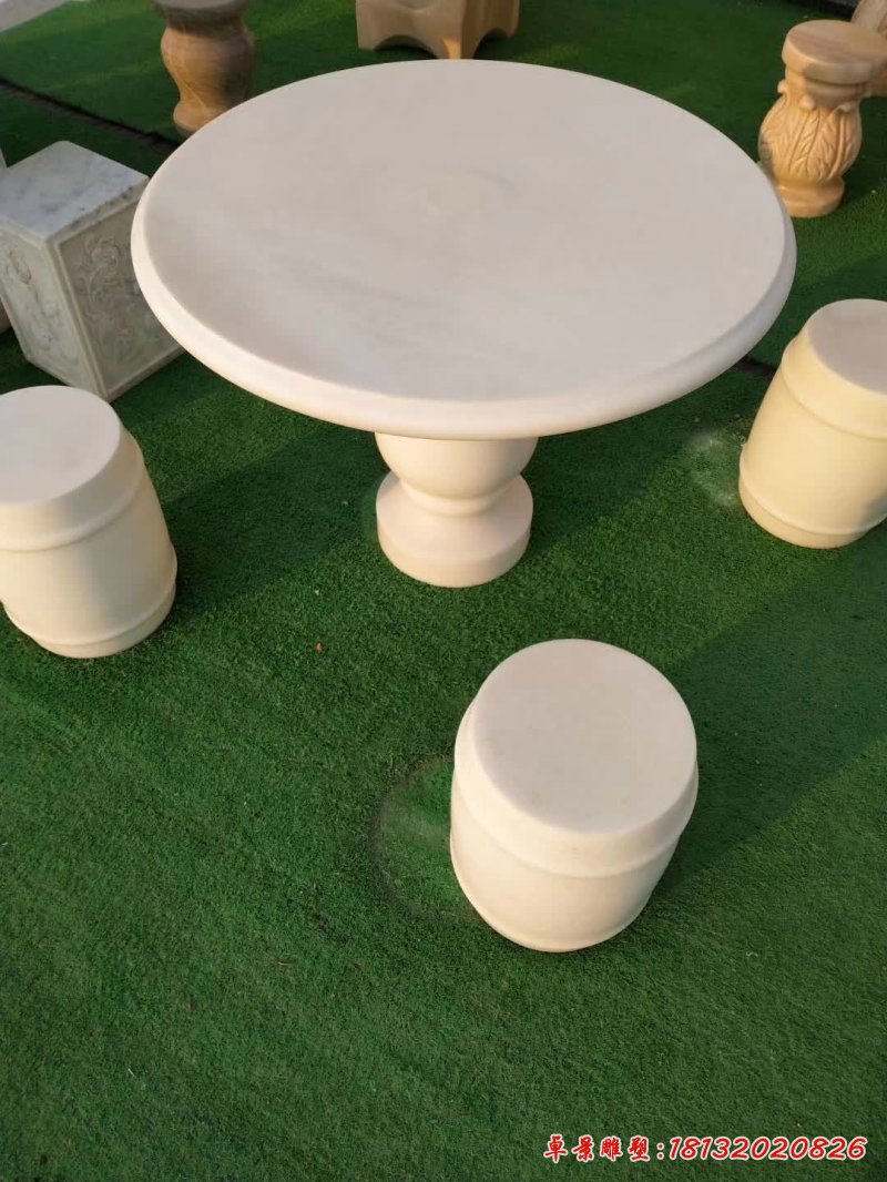 汉白玉圆形石桌凳雕塑 (2)